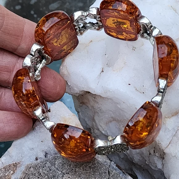 Bracelet Resin Amber Honey Cognac Tone Silver Stretchy Lithuanian Ethnic - Picture 11 of 13